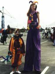 Sparkles the clown on stilts